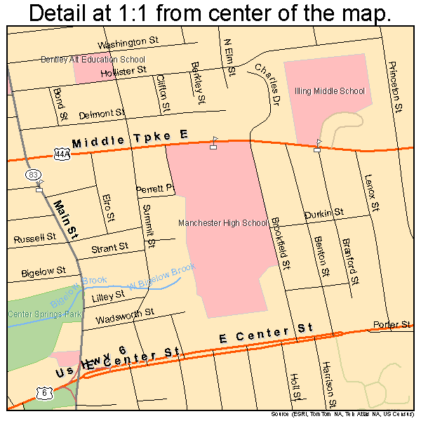 Central Manchester, Connecticut road map detail