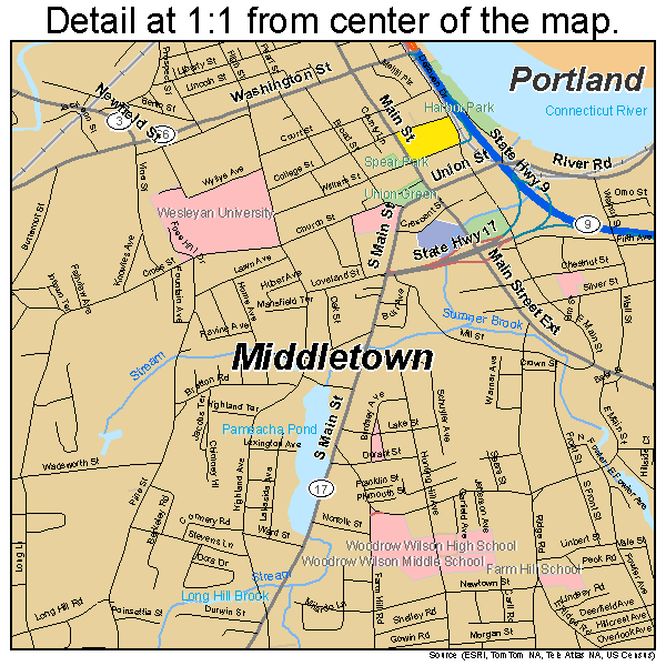 Middletown, Connecticut road map detail