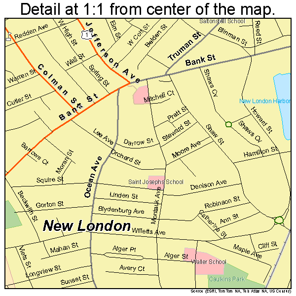 New London, Connecticut road map detail