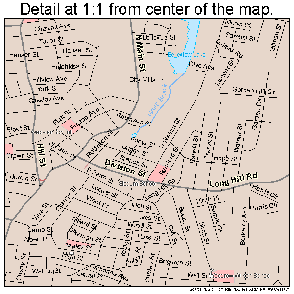 Waterbury, Connecticut road map detail