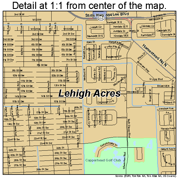 Lehigh Acres, Florida road map detail