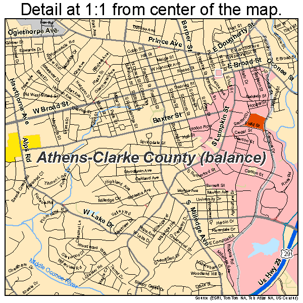 Athens-Clarke County (balance), Georgia road map detail