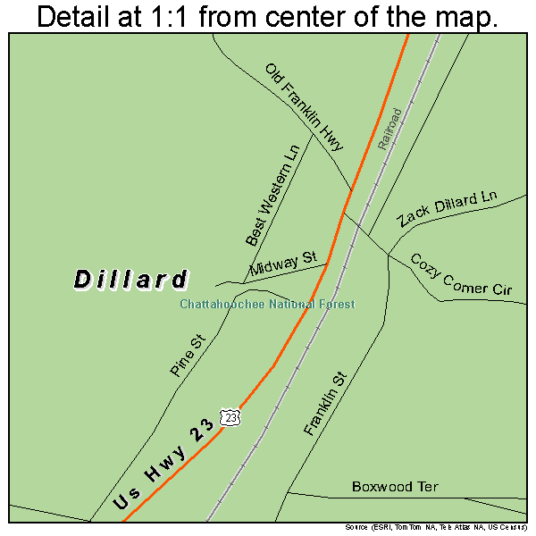 Dillard, Georgia road map detail