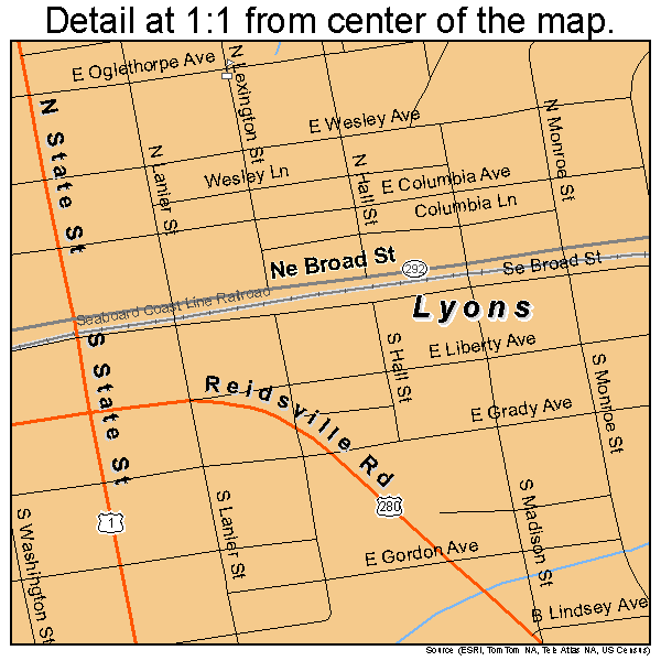 Lyons, Georgia road map detail