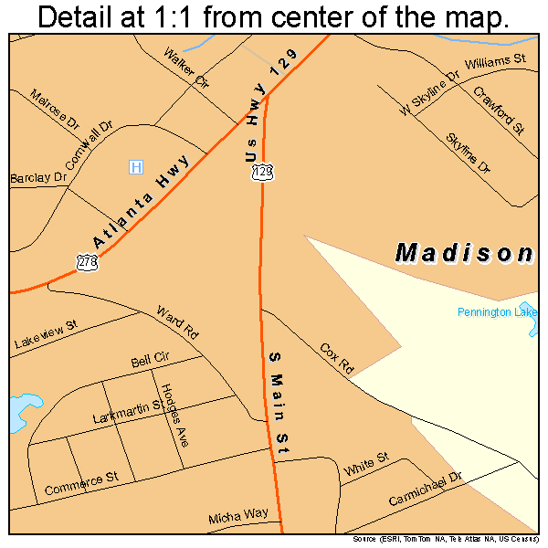 Madison, Georgia road map detail