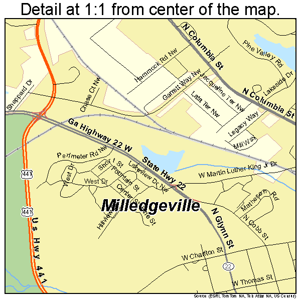 Milledgeville, Georgia road map detail
