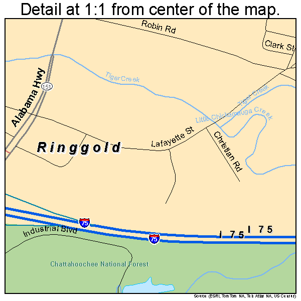 Ringgold, Georgia road map detail