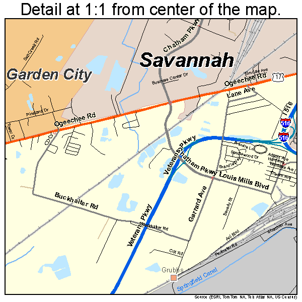 Savannah, Georgia road map detail