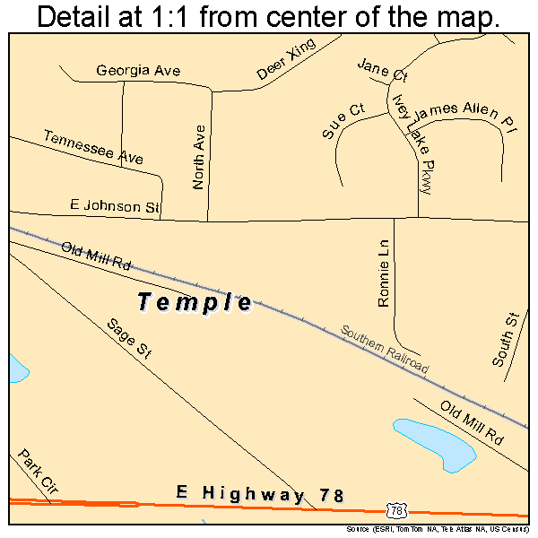 Temple, Georgia road map detail