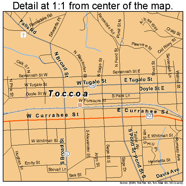 Toccoa, Georgia road map detail