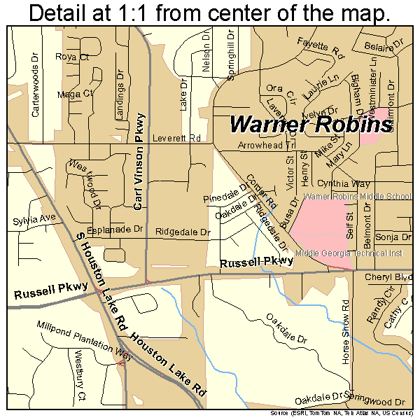 Warner Robins, Georgia road map detail