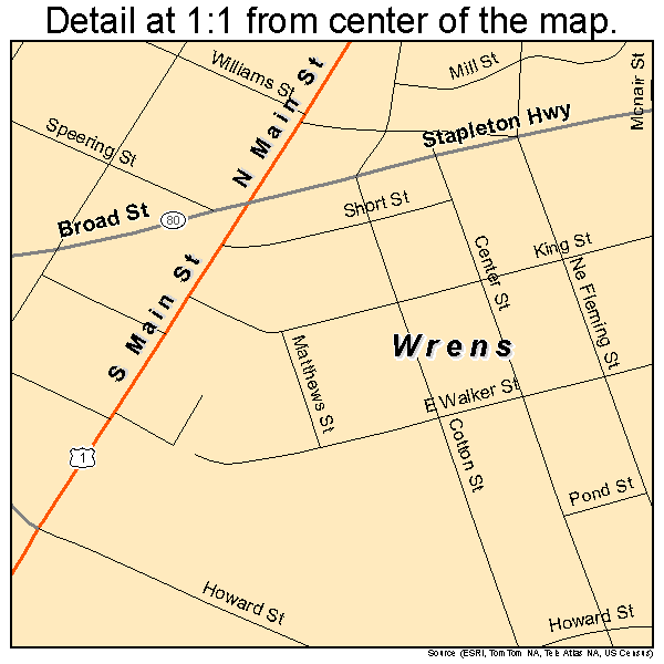 Wrens, Georgia road map detail