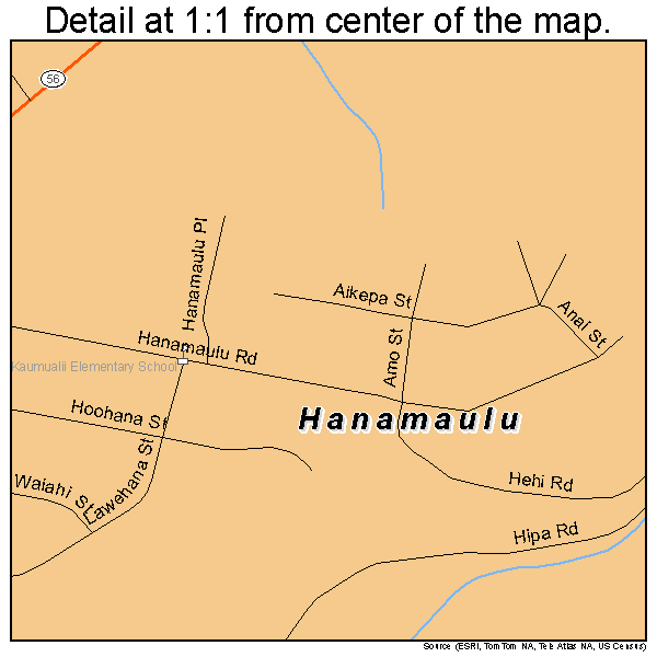 Hanamaulu, Hawaii road map detail