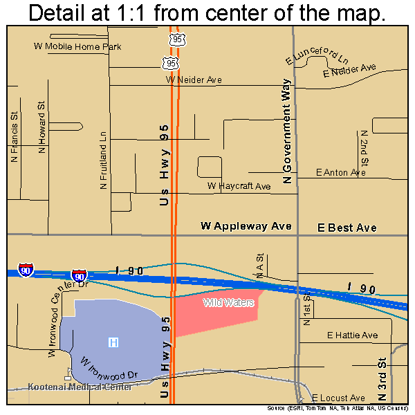 Coeur d'Alene, Idaho road map detail