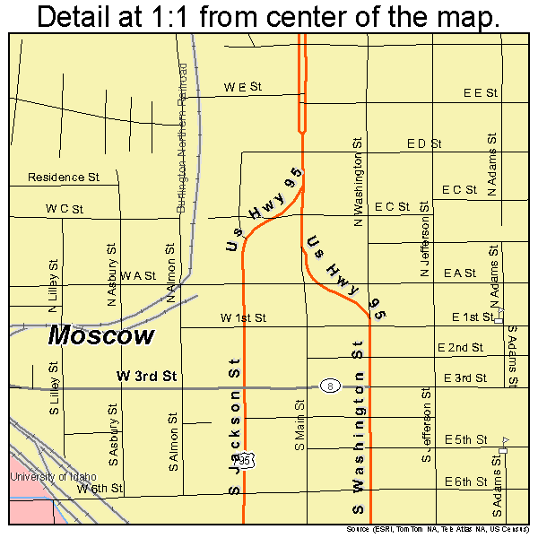 Moscow, Idaho road map detail