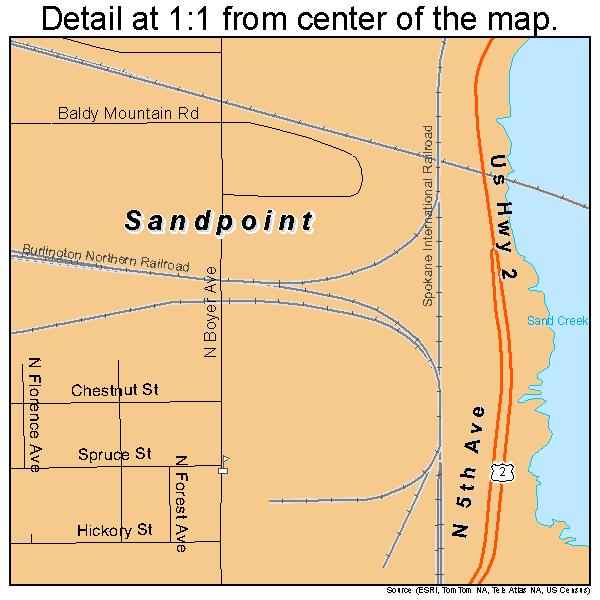 Sandpoint, Idaho road map detail