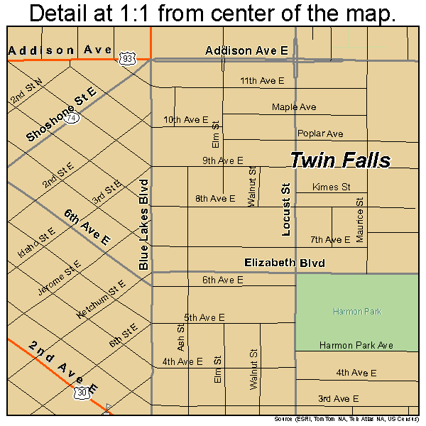Twin Falls, Idaho road map detail