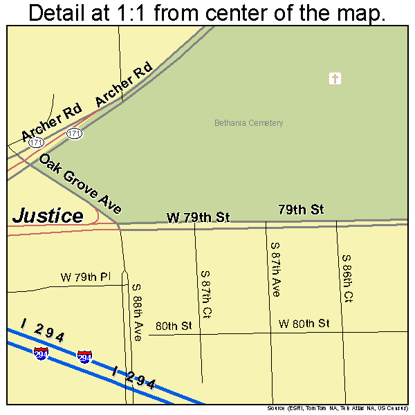 Justice, Illinois road map detail