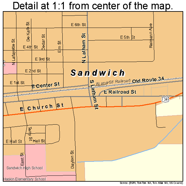 Sandwich, Illinois road map detail