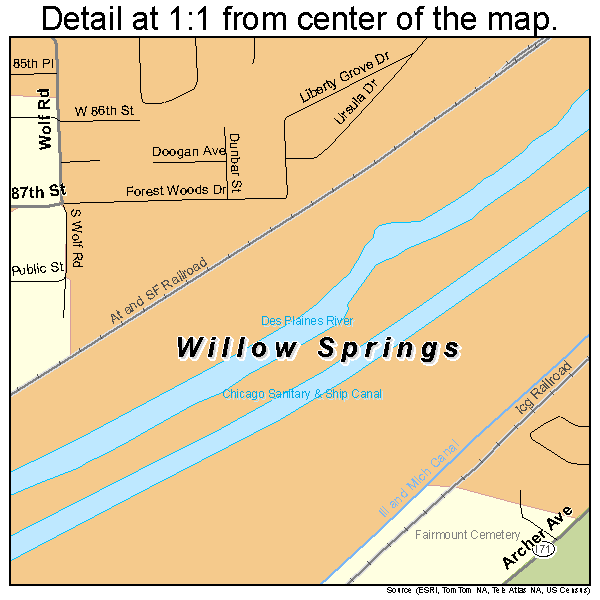Willow Springs, Illinois road map detail