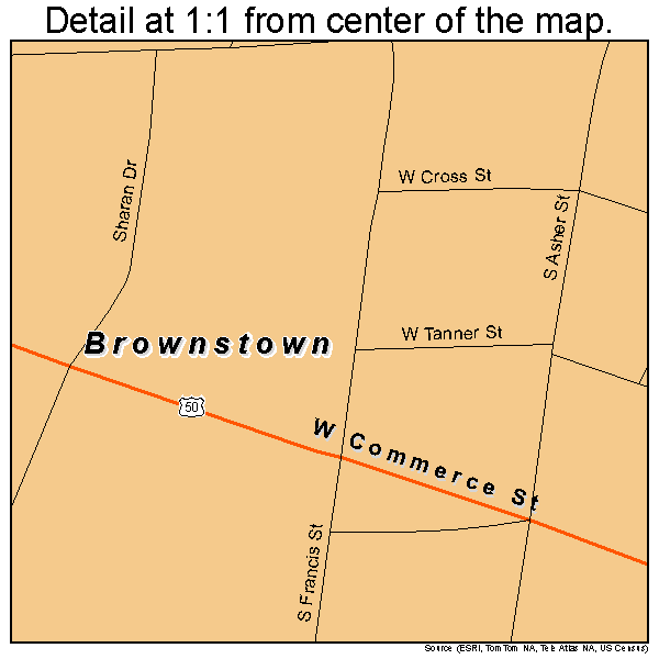 Brownstown, Indiana road map detail