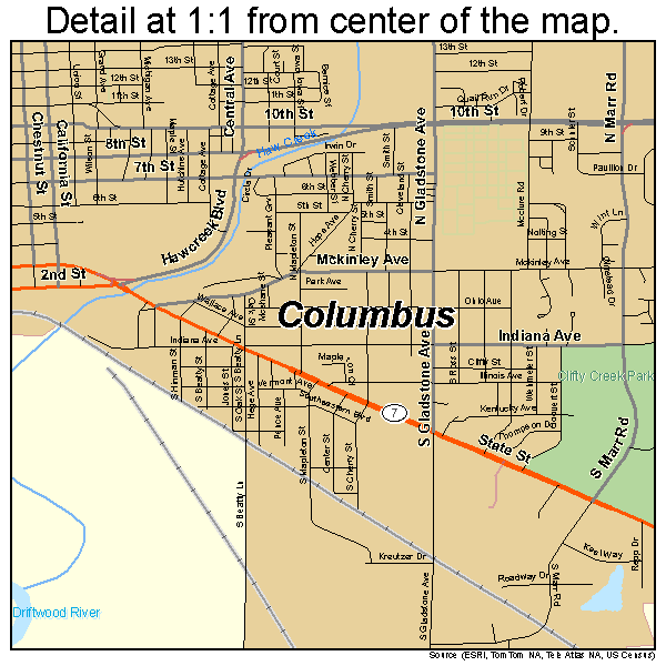 Columbus, Indiana road map detail