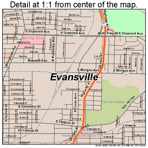 Evansville, Indiana road map detail