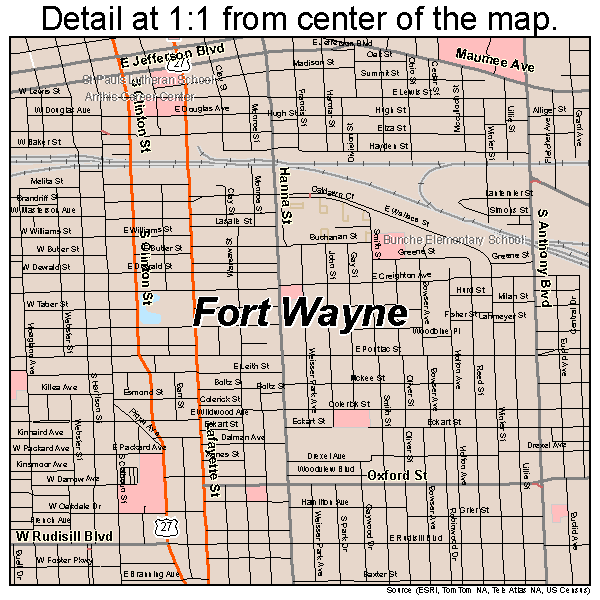Fort Wayne, Indiana road map detail