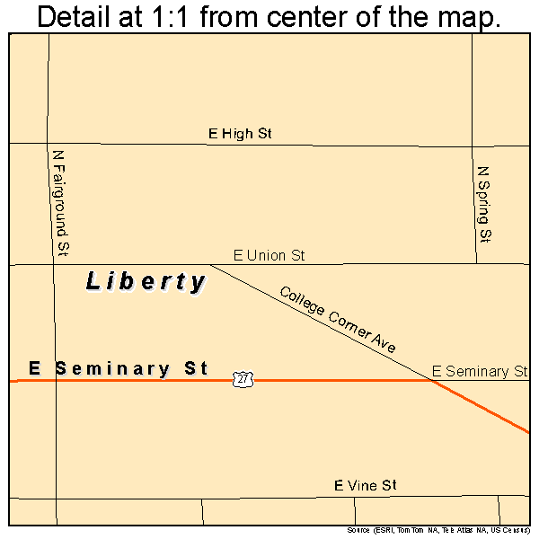 Liberty, Indiana road map detail