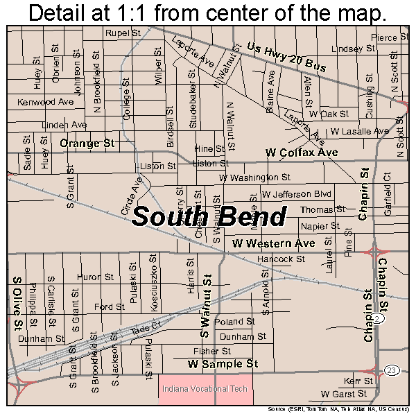 South Bend, Indiana road map detail