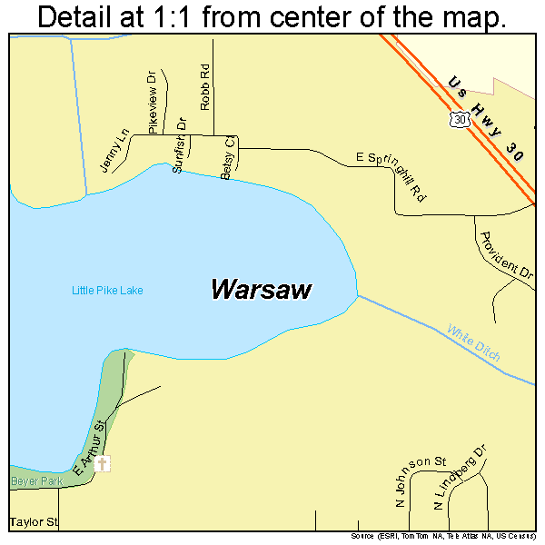 Warsaw, Indiana road map detail