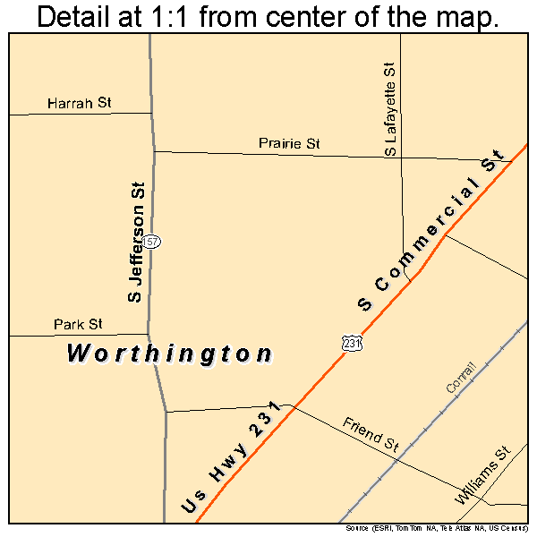 Worthington, Indiana road map detail