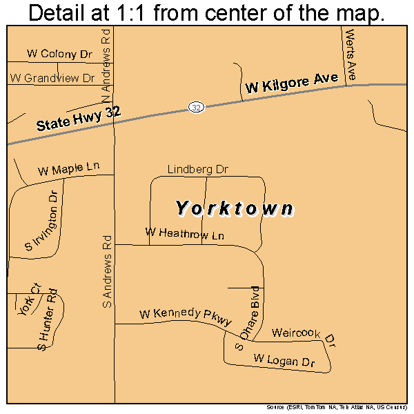 Yorktown, Indiana road map detail