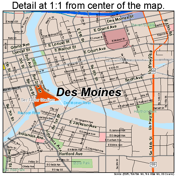 Des Moines, Iowa road map detail