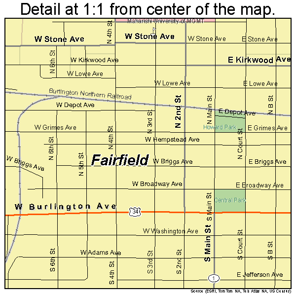 Fairfield, Iowa road map detail