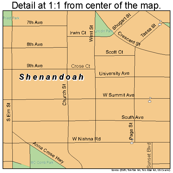 Shenandoah, Iowa road map detail