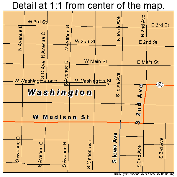 Washington, Iowa road map detail