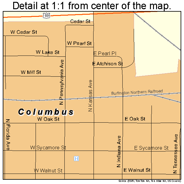 Columbus, Kansas road map detail