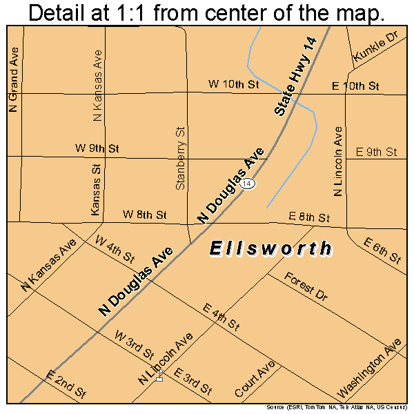 Ellsworth, Kansas road map detail