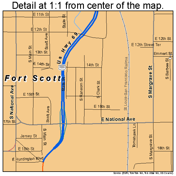 Fort Scott, Kansas road map detail