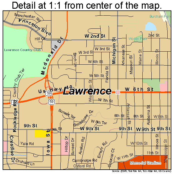 Lawrence, Kansas road map detail