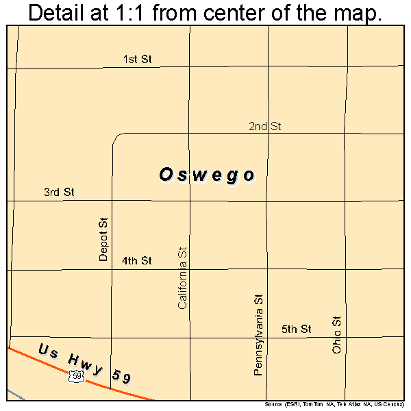 Oswego, Kansas road map detail