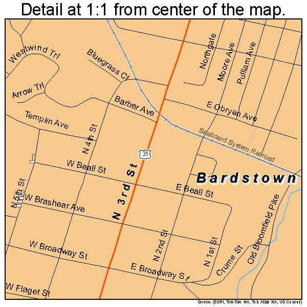 Bardstown, Kentucky road map detail