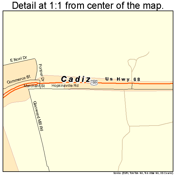 Cadiz, Kentucky road map detail