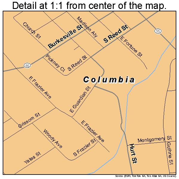Columbia, Kentucky road map detail