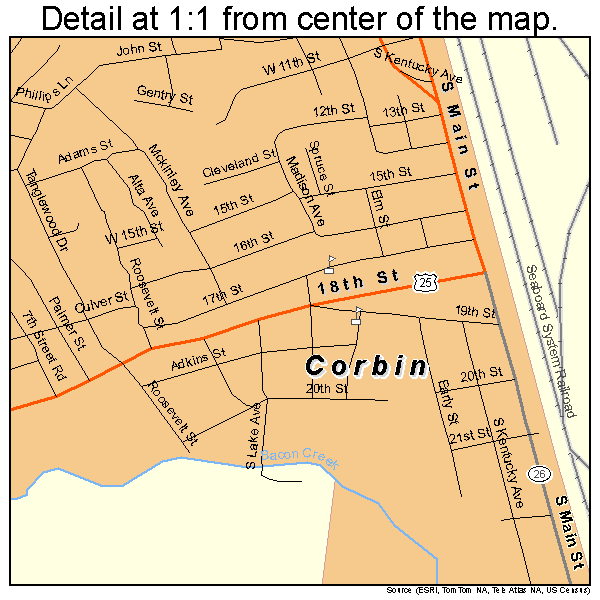 Corbin, Kentucky road map detail