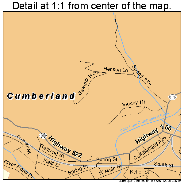 Cumberland, Kentucky road map detail