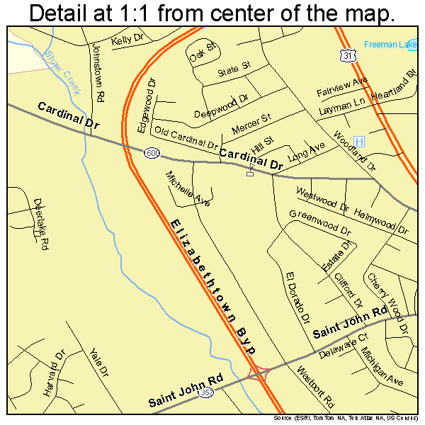 Elizabethtown, Kentucky road map detail