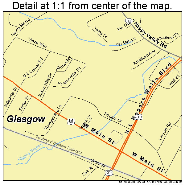 Glasgow, Kentucky road map detail