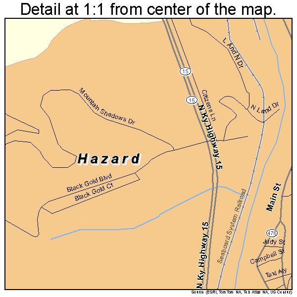 Hazard, Kentucky road map detail